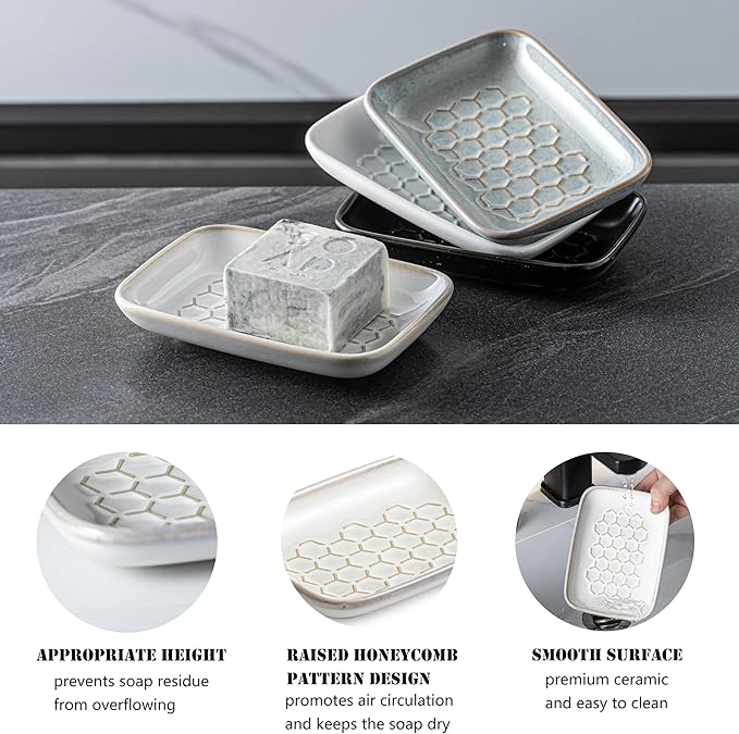 Gomakren Soap Dish for Shower, Bar Soap Holder, Ceramic Soap Dishes for Bar Soap, Sponge Holder Soap Saver Soap Tray for Bathroom Kitchen Sink, 5.5 Inch, Beige