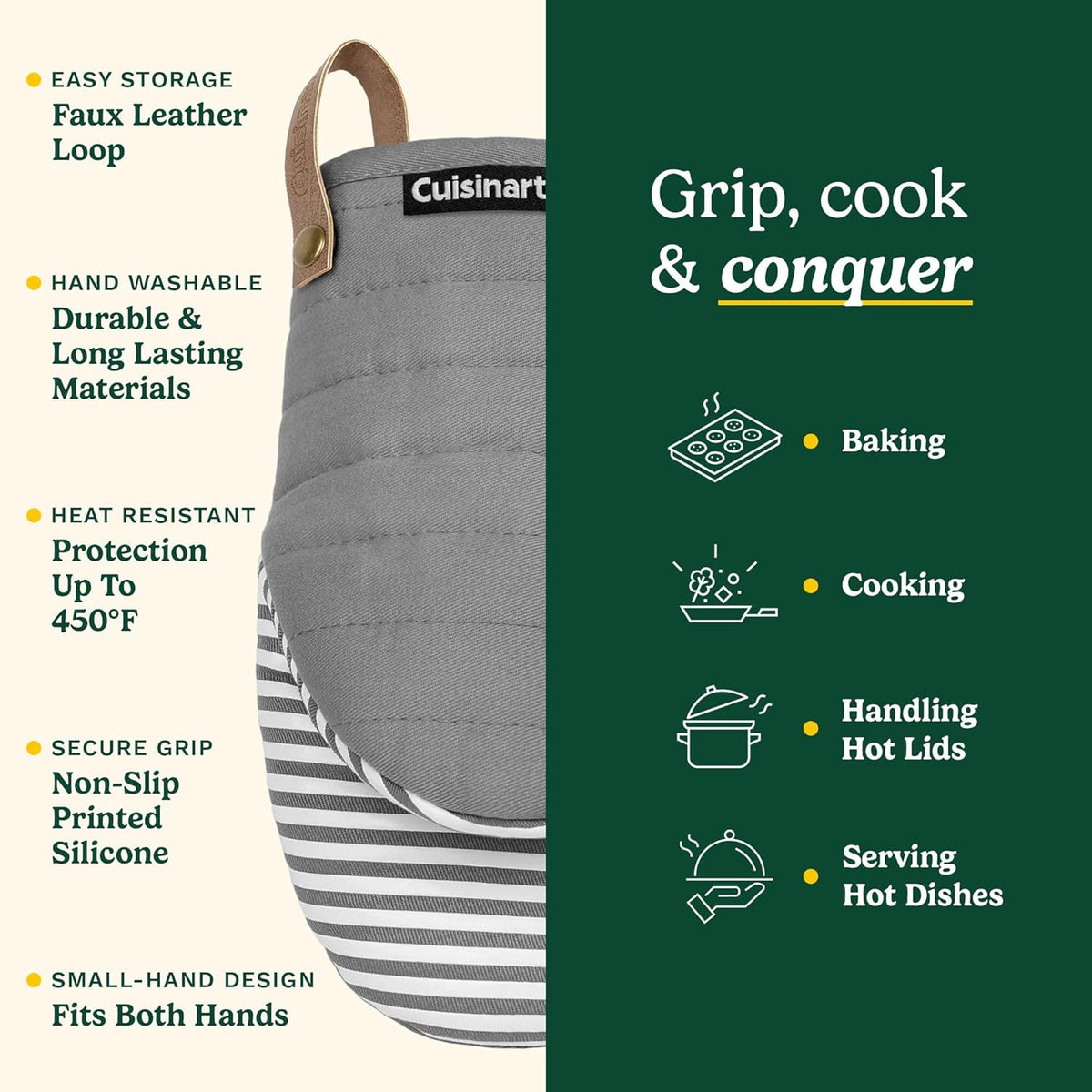 Cuisinart Mini Oven Mitts – 5.5” x 8” Heat-Resistant Kitchen Mitts for Oven with Non-Slip Printed Silicone, Cotton Filling, and Faux Leather Loop – Durable Oven Mitt Set for Cooking & Baking (Horizon)