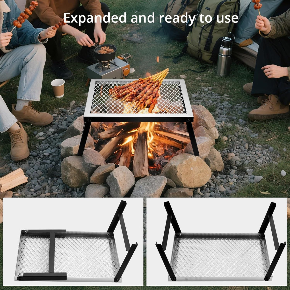 Folding Campfire Grill, 16" x 12" Heavy Duty Steel Mesh Grate Chrome Finish with Folding Legs, Portable Campfire Cooking Equipment, for Camping Outdoor BBQ Cooking Open Fire, Silver