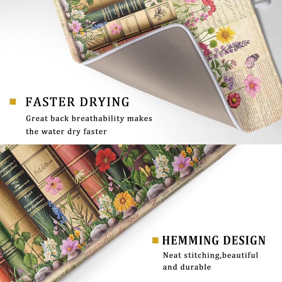 Vintage Books Dish Drying Mat - Retro Flower Kitchen Countertop Cloth Pad 18 x 24 In