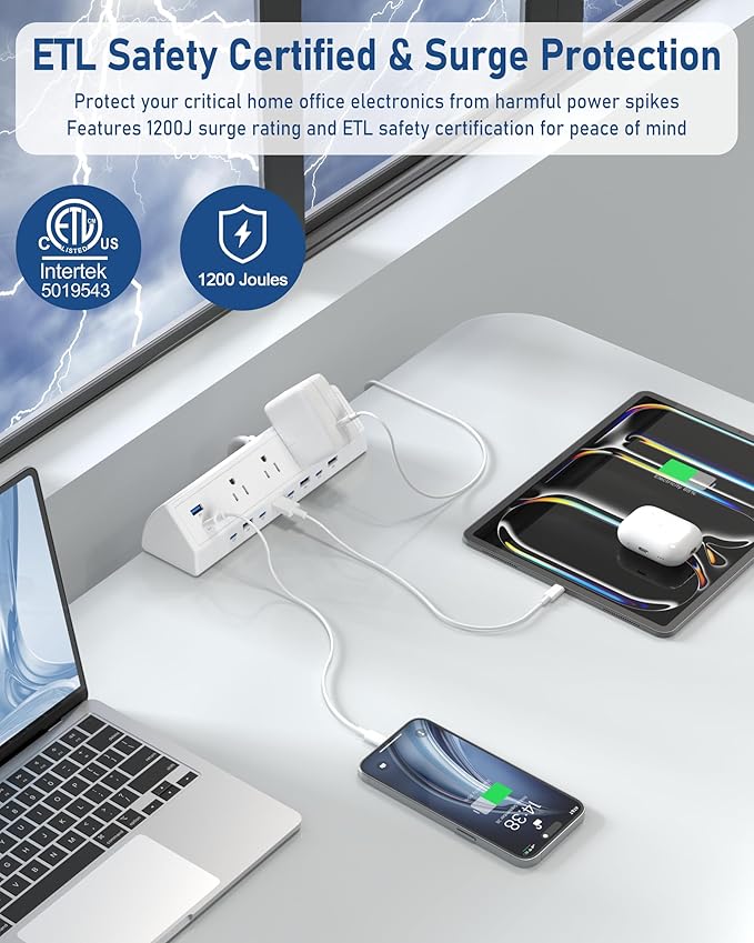 Jgstkcity 130W Desk Clamp Power Strip, 12 USB Ports (6 PD 65W USB-C),Surge Protector,ETL Listed Power Hub Extension Cord,Fast Charging Station for Home Office Desk Edge Mount (White, 12 USB-130W)
