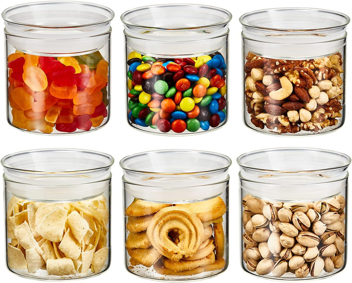 ZENS 17oz Glass Food Storage Jars Set of 6, Clear Glass Canisters Set with Airtight Lids, Small Storge Container jar for Kitchen Spice, Sugar Container, Blooming Tea, Snacks