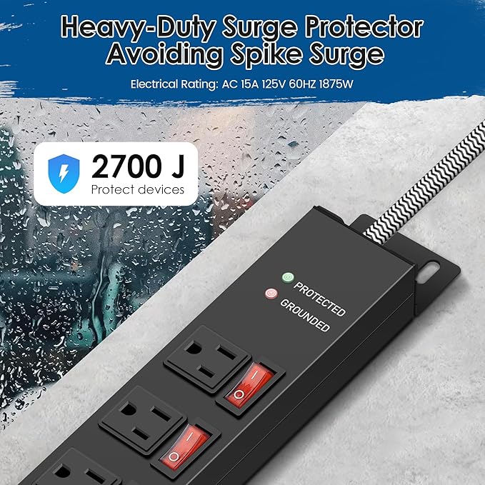 Rack Mount Power Strips,8 Outlet Strips Surge Protector with Individual Switches, PDU Power Strip for Server Racks, 14AWG Heavy-Duty Braided Extension Cord,2700J,15A 125V 1875W (10 FT Cable)