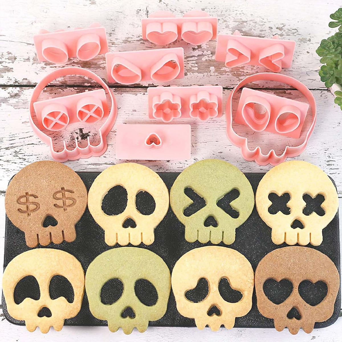 Mini Skull Cookie Cutter Set, Interchangeable DIY Halloween & Día de los Muertos Biscuit Stamps, 3D Raised Design Molds for Cookie Decorating, Cupcakes, Day of the Dead Pastries & Party Treats