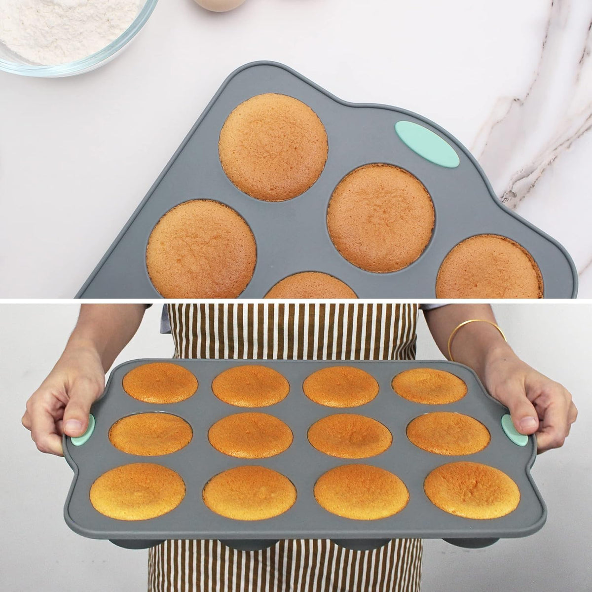 To encounter Small Silicone Muffin Pan, 2 Pack 12-Cup, Nonstick Baking Cups, Cupcake Pan with Metal Reinforced Frame More Strength