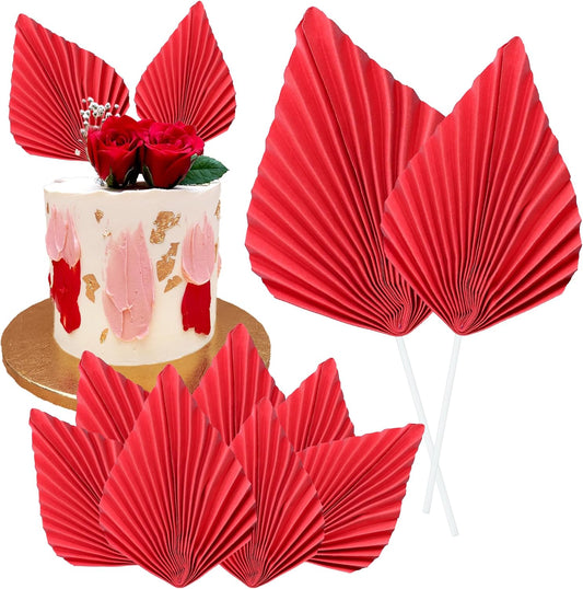 Gyufise 6Pcs Paper Palm Fan Cake Toppers Palm Spear Leaves Fan Cupcake Toppers Cake Insert Decorations Craft DIY Cake Bakeware Decoration for Birthday Party Wedding Party Decor Supplies Red