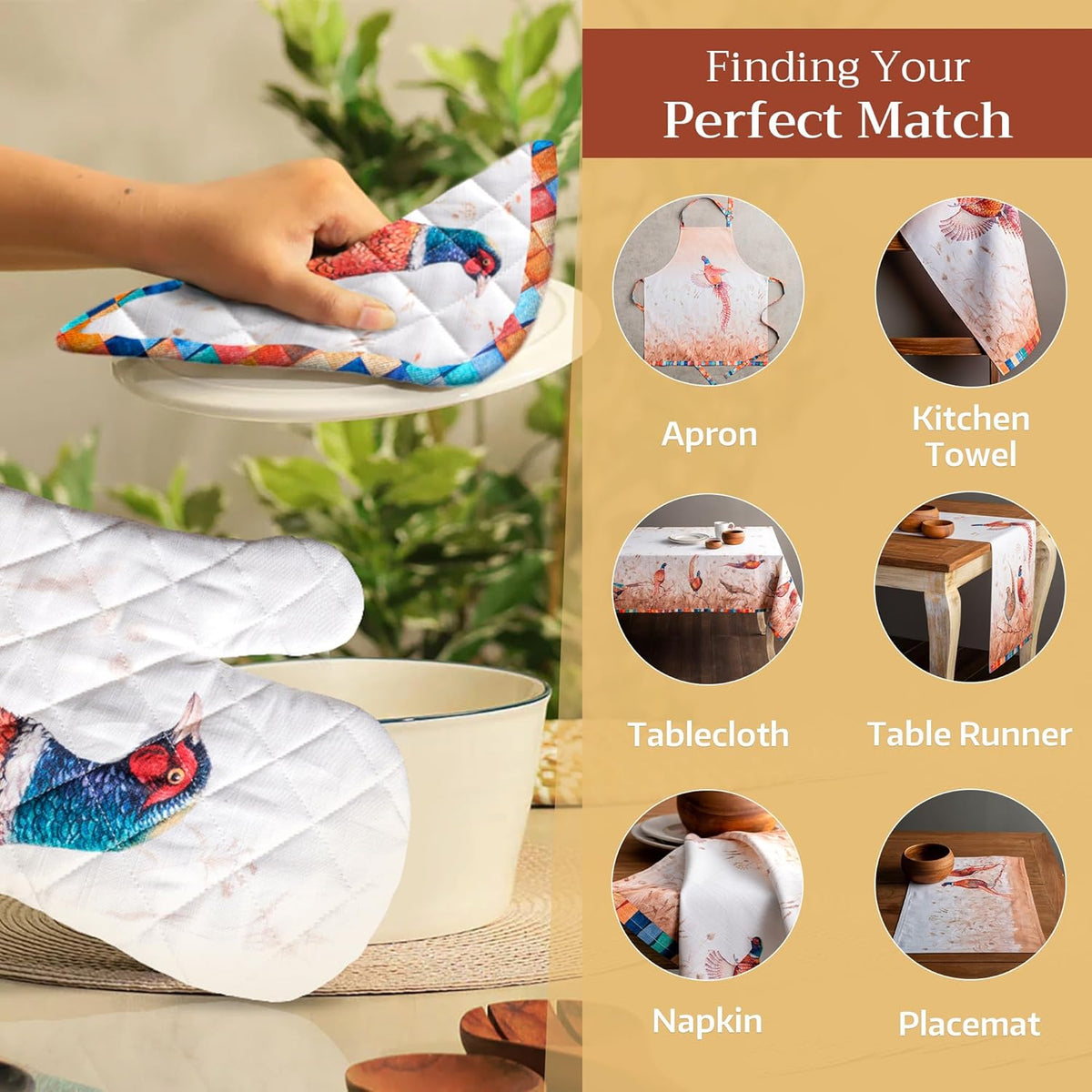 Maison d' Hermine Pot Holders 100% Cotton Heat Resistant Potholders 8" x 8" Hot Pads with Loop BBQ, Cooking, Baking, Grilling, Kitchen, Handling Hot Pans (Pack of 1, Faisan D'Automne)