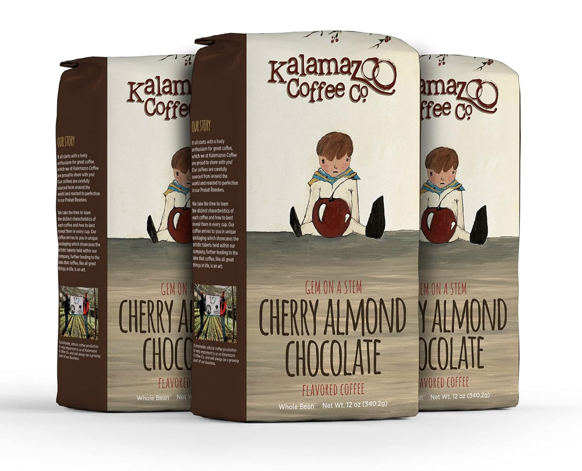 KALAMAZOO COFFEE COMPANY Cherry Almond Chocolate Whole Bean Coffee - Gem on a Stem Flavored Coffee | 12oz Bag (3 Pack)