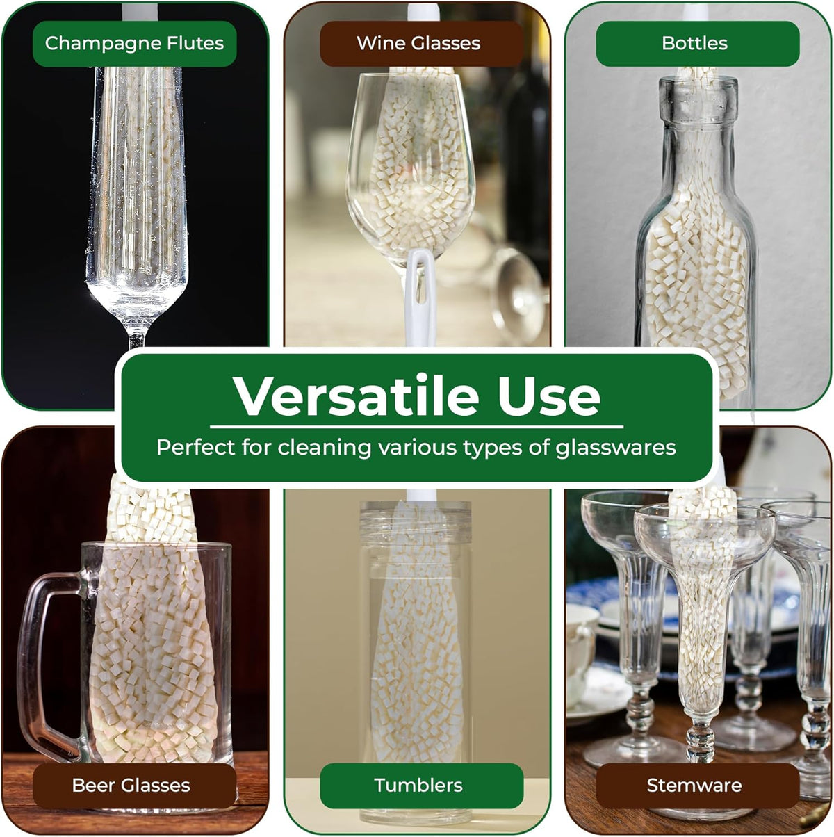 Tupkee Wine Glass Cleaning Brush – Soft Non-Scratch Foam Bristles, Dishwasher Safe – Flute and Stemware Wine Glass Cleaner Brush for Crystal, Champagne Glasses, Bottle, Mug & Tumbler – Made in the USA