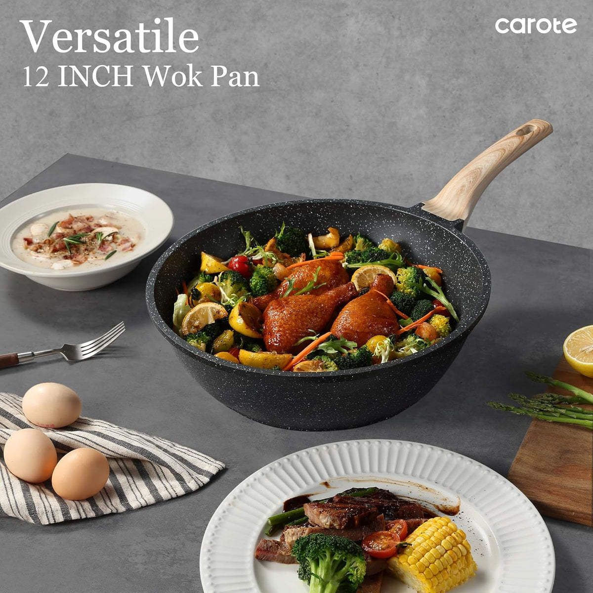 CAROTE Non Stick Wok with Lid 12''/5.3QT Woks & Stir-fry Pans Nonstick Granite Wok Pan Induction Cookware Deep Frying Pan, Compatible with All Stovetops
