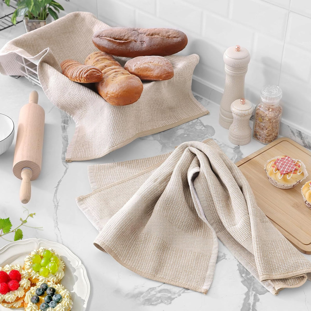 Homaxy Premium Kitchen Towels(18”x 28”, 6 Pack), Large Cotton Kitchen Hand Towels, Flat and Terry Dish Towels, 380 GSM Highly Absorbent Tea Towel Set with Hanging Loop, Khaki
