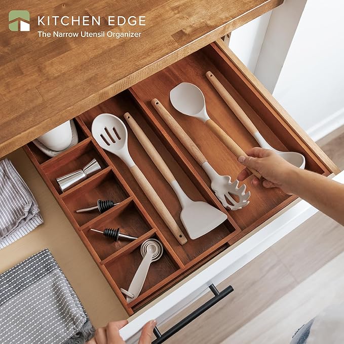 Adjustable Kitchen Drawer Organizer for Utensils and Junk, Food-Safe Contract Grade with 100% Sustainable Wood, Non-Slip, Expandable from 10.5 to 18.5 Inches Wide - Natural Acacia