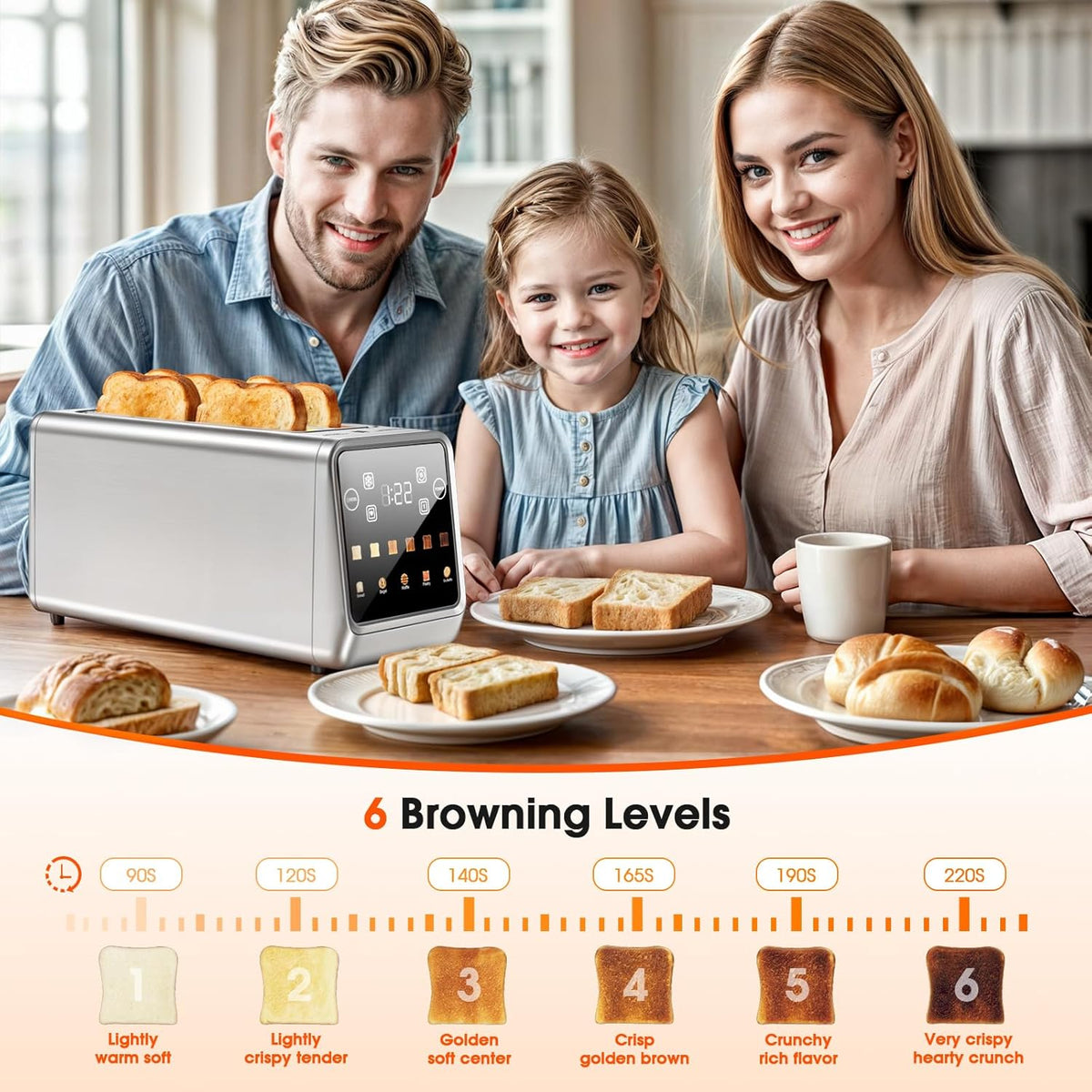 4-Slice Smart Toaster with Touch Screen | 1400W Fast Even Toast & Stainless Steel | 2x1.5" Extra-Wide Slots for Bagels | Memory Function, 6 Shade Settings