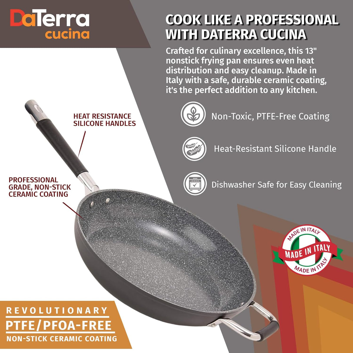 DaTerra Cucina - 13" Nonstick Ceramic Frying Pan - Made in Italy - Oven Safe - High Heat Resistant Nonstick Cookware - PTFE, Cadmium, Lead & PFOA free - Volcanic Black Speckled