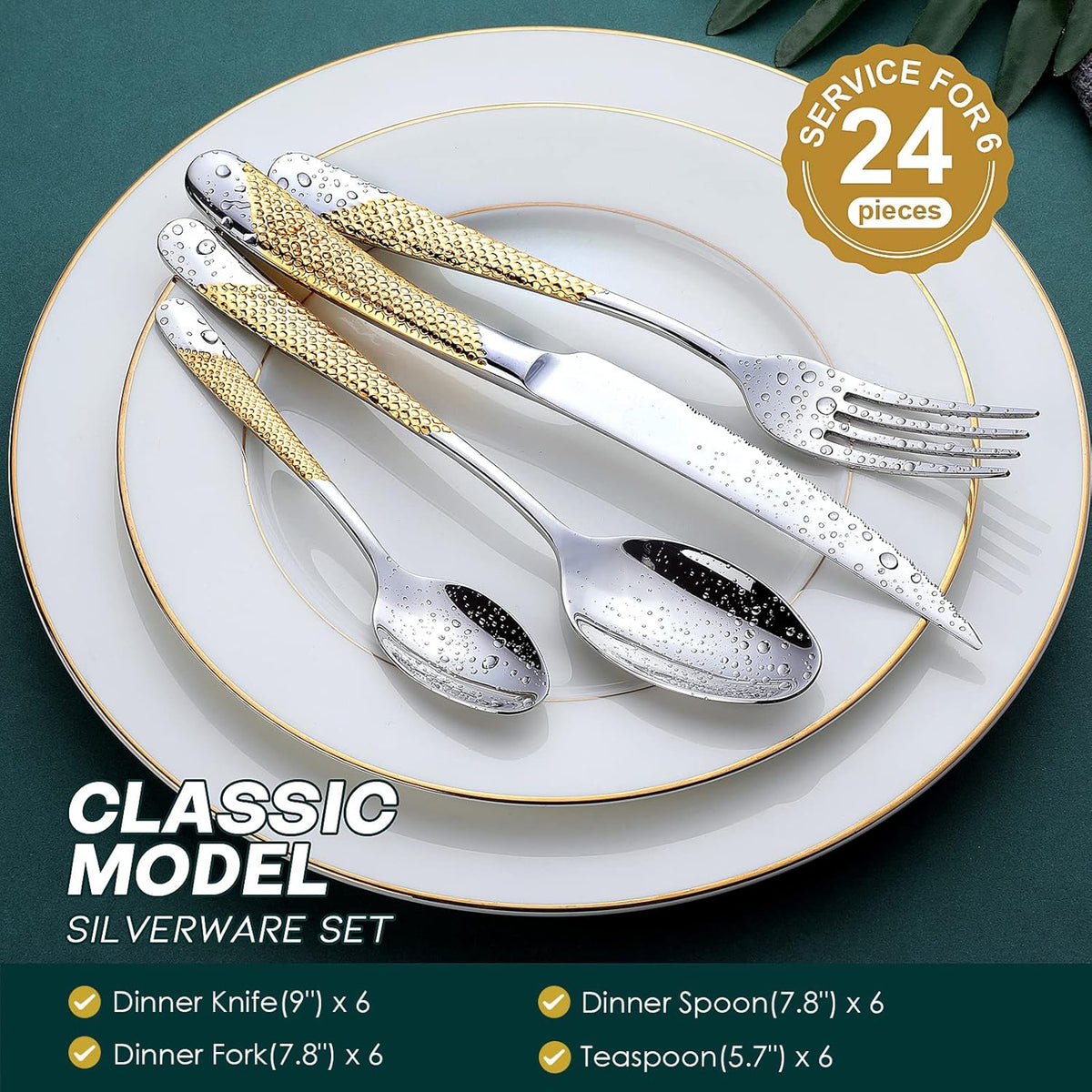 Hammered Silver Gold Silverware Set, OGORI 24-Piece 18/10 Stainless Steel Flatware Set, Service of 6
