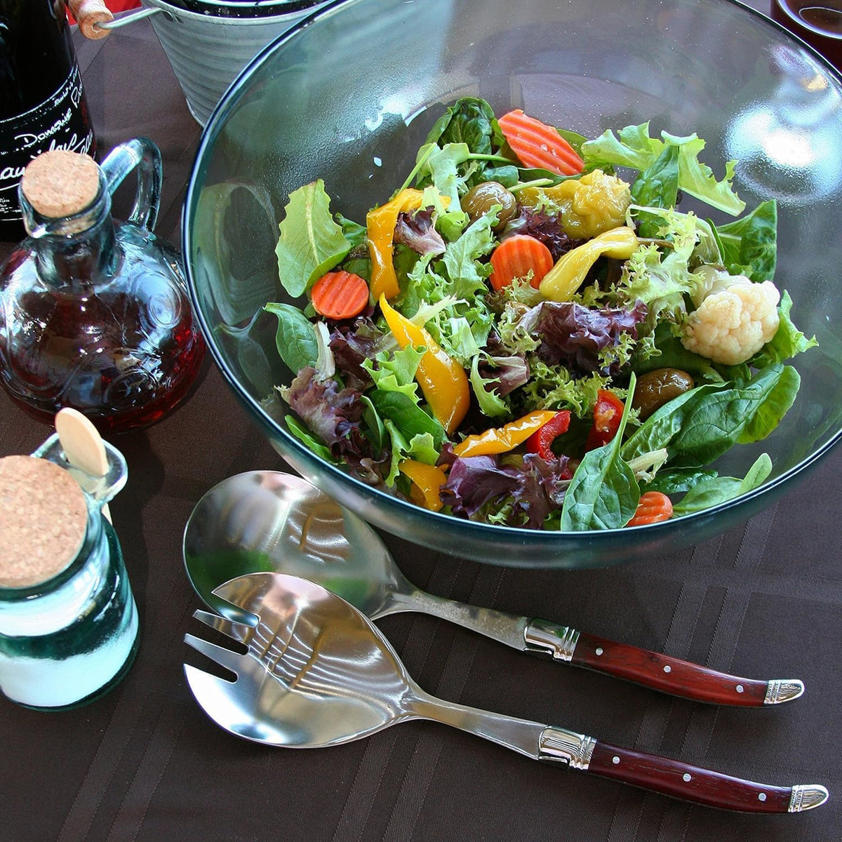 French Home Laguiole Connoisseur (Rosewood) Salad Servers 2 Piece Set — Stainless Steel Flatware Set — Salad Serving Utensils — Silverware Set Spoon and Fork Set — Dining Utensils Set