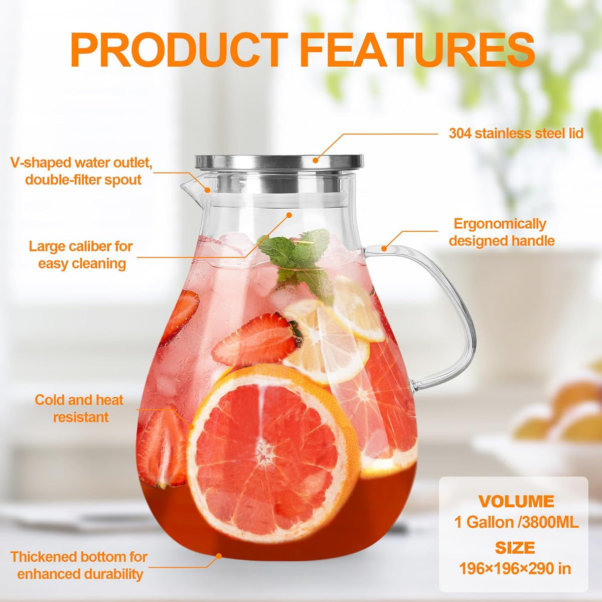Glass Pitcher with Lid,1 Gallon Glass Water Pitcher Hot/Cold Water Jug, Juice and Iced Tea Beverage Carafe with Lid (Extra-Wide Mouth)