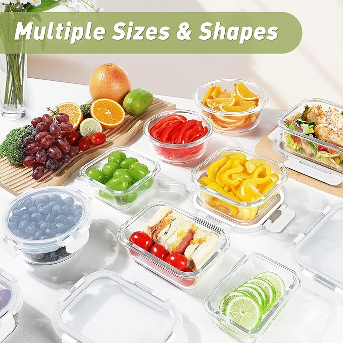 BAYZZ 30 Piece Glass Food Storage Containers Set, Glass Meal Prep Containers with Lids, Airtight Lunch Box, BPA-Free, Microwave, Freezer & Dishwasher Safe,White