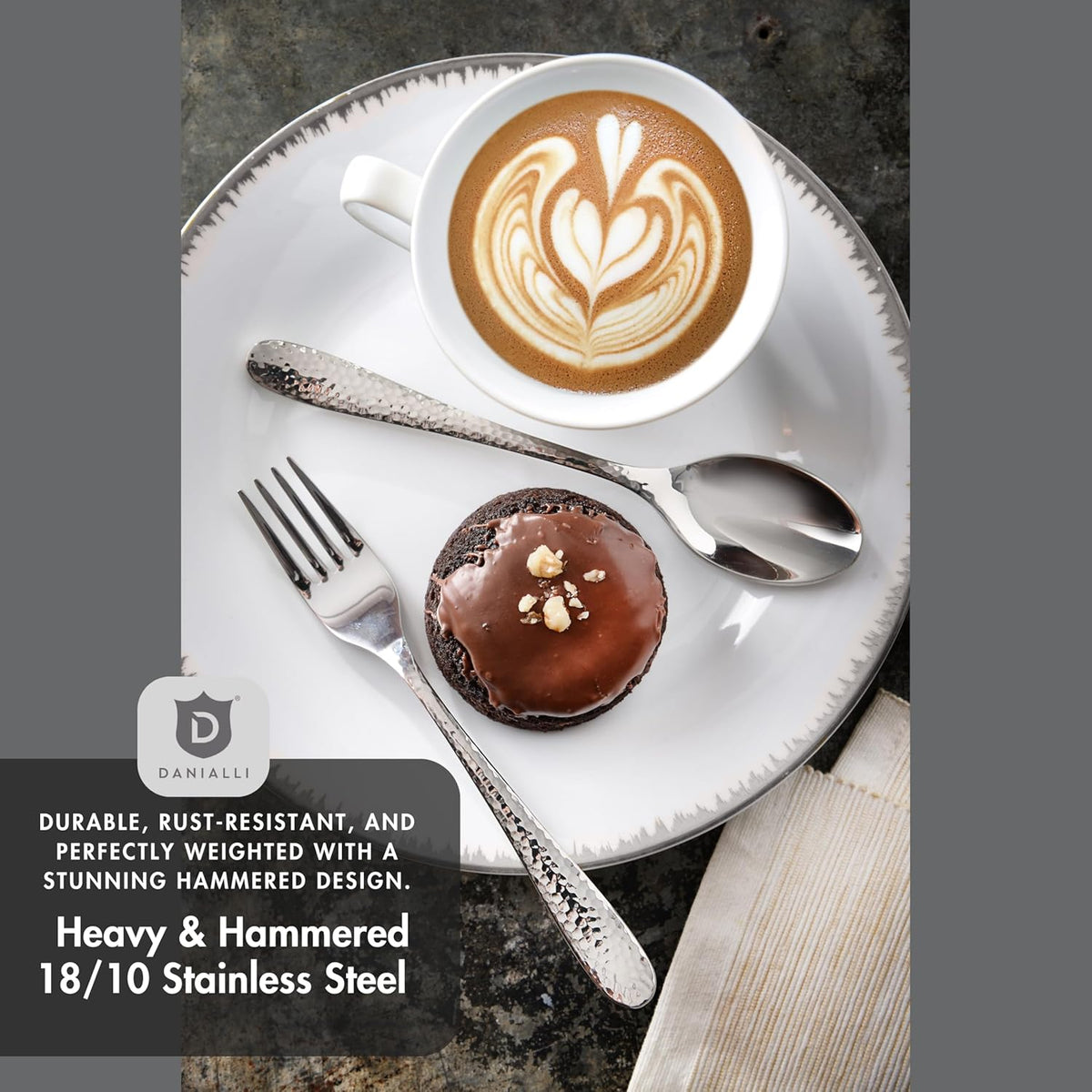Hammered Silverware Set | Premium 18/10 Stainless Steel Flatware Service for 16 | Heavy-Duty & Dishwasher Safe | Built to Last (80-Piece, Fidenza Hammered)