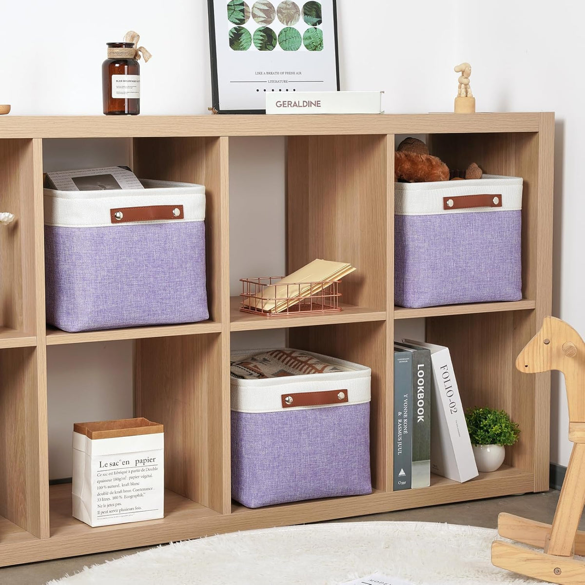 DULLEMELO Storage Baskets for Organizing, Shelves,Bedroom, Decorative Storage Bins with Leather Handles, Fabric Storage Basket for Office, Toys(3-Pack, White&Purple)