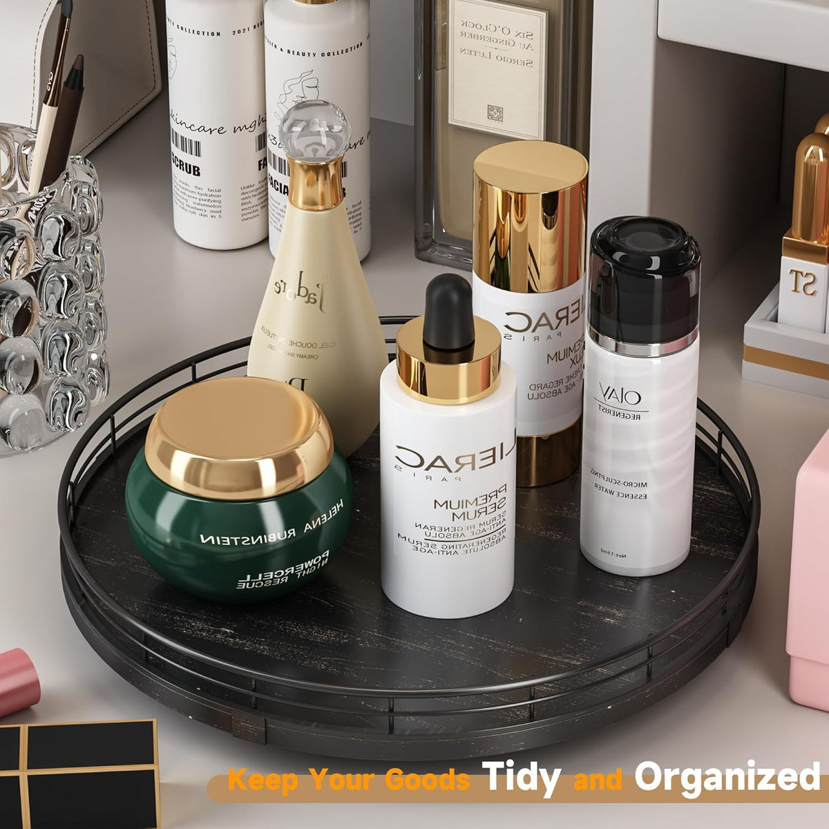 12" Oak Bathroom Vanity Tray Turntable for Perfume Candle, Round Wooden Decorative Tray for Kitchen Sink Countertop Organizer, Bathroom Counter Organizer for Skincare Makeup, Farmhouse Black Gold