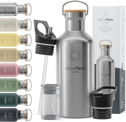 Stainless Steel Water Bottle with Straw, Infuser & 3 Lids: 18/32 OZ Leak-Proof Vacuum Insulated ACTIVE FLASK Drinking Bottles Hot Cold: Double Walled Outdoor Drink Thermo Mug Tea Coffee Sport Gym Bike