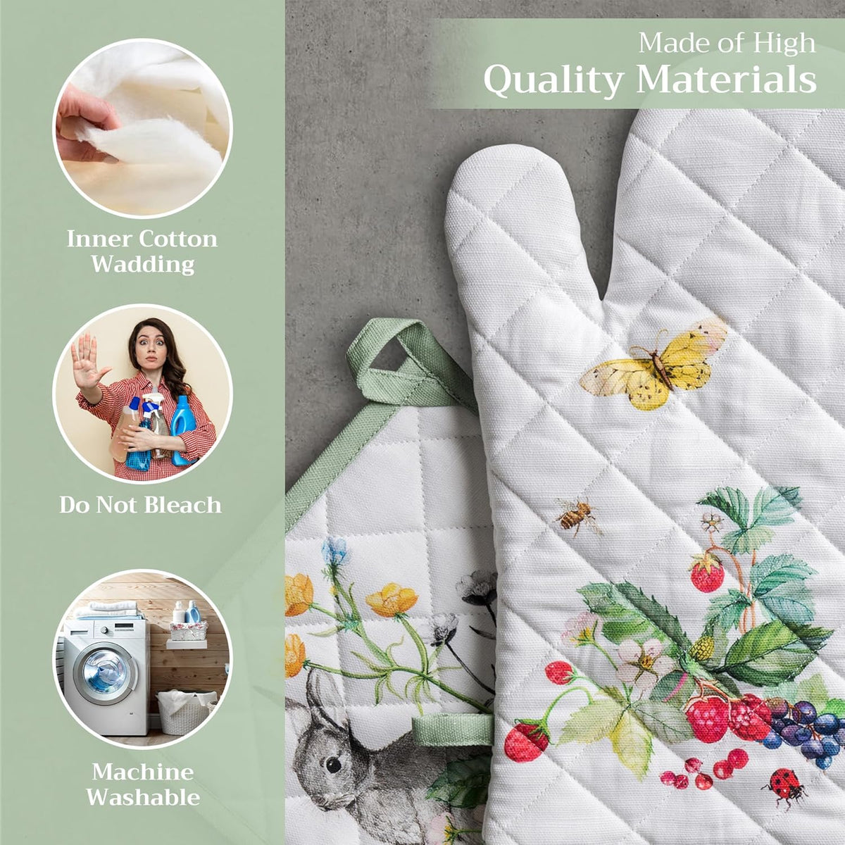 Maison d' Hermine 100% Cotton Oven Mitt & Pot Holder Set (7.5"x13" & 8"x8") Heat Resistant BBQ Cooking Gloves with Loop, Baking, Grilling, Kitchen, Handling Hot Pans Spring/Summer (Printemps)