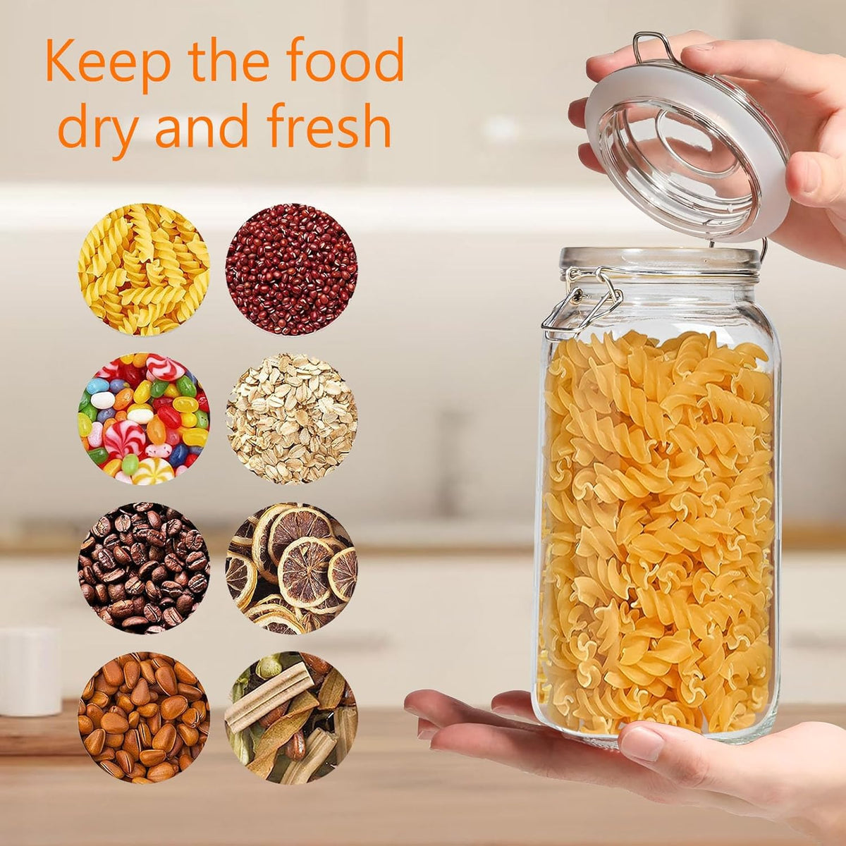 78oz Square Glass Food Storage Jars Storage Container with Clear Preserving Seal Wire Clip Fastening for Kitchen Canning Flour, Cereal, Pasta, Sugar, Beans