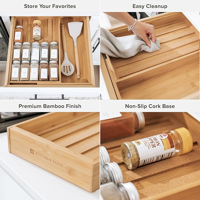 Spice Drawer Organizer with Expandable Storage. Holds up to 15 Spice Jars (Not Included), Non-Slip Feet, Kitchen Accessory Storage, 100% Sustainable Bamboo Wood