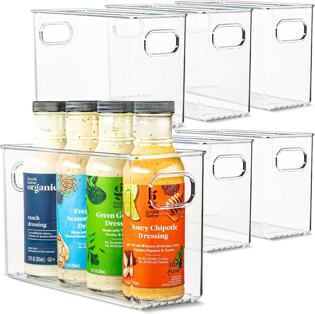 Plastic Food Storage 6 Pack Clear Container Bin with Handles for Organizing Kitchen, Pantry, Refrigerator, Freezer, Pantry, Cabinet, Closet, Bathroom. 10”x4”x6”