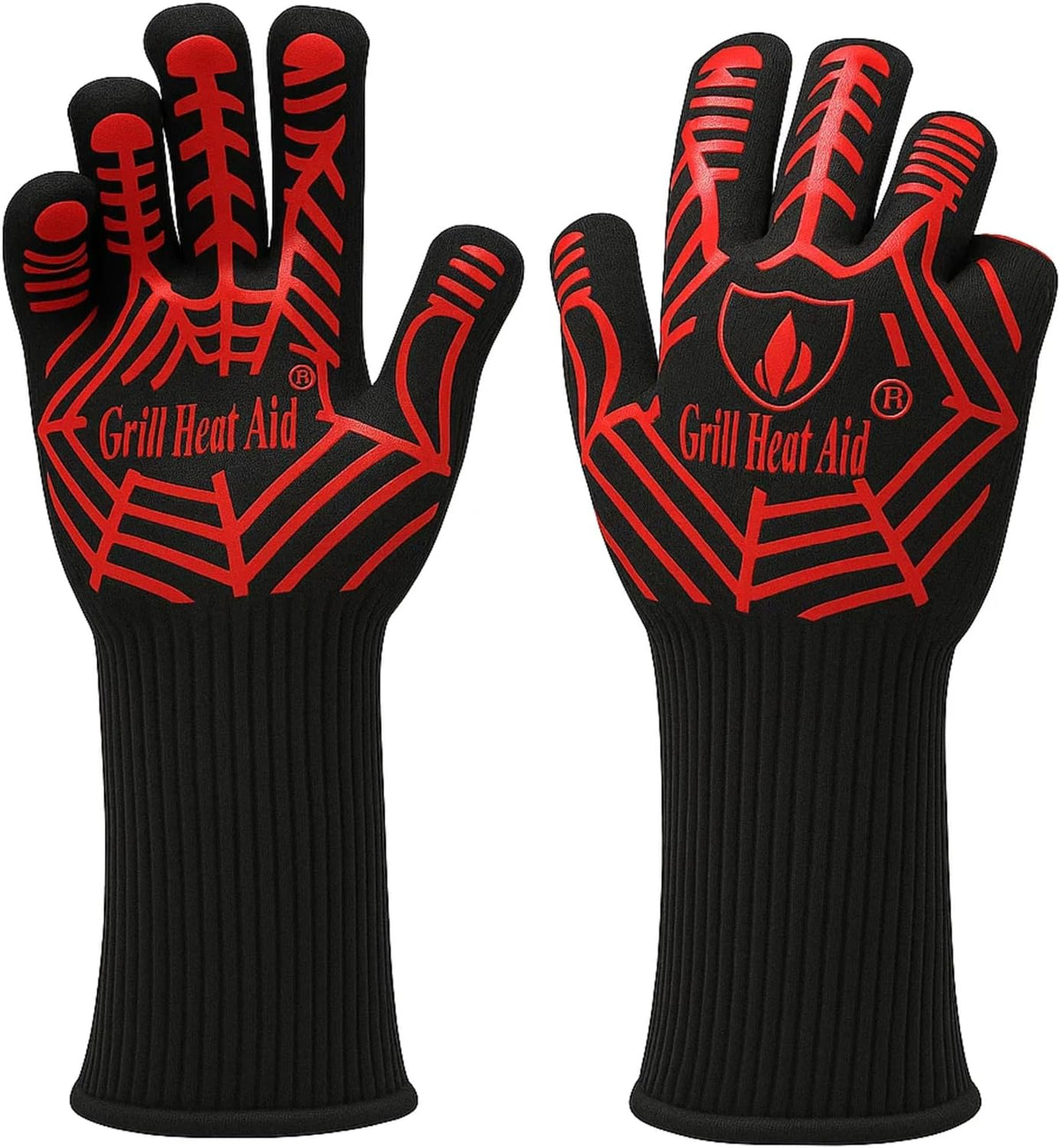 GRILL HEAT AID BBQ Grill Gloves Heat Proof for Grilling – Fireproof 1472°F Heat-Resistant Grill Mitts for Outdoor Barbecue and Smoker, Campfire, Fire Pit, Oven Glove with Fingers for Baking Pizza