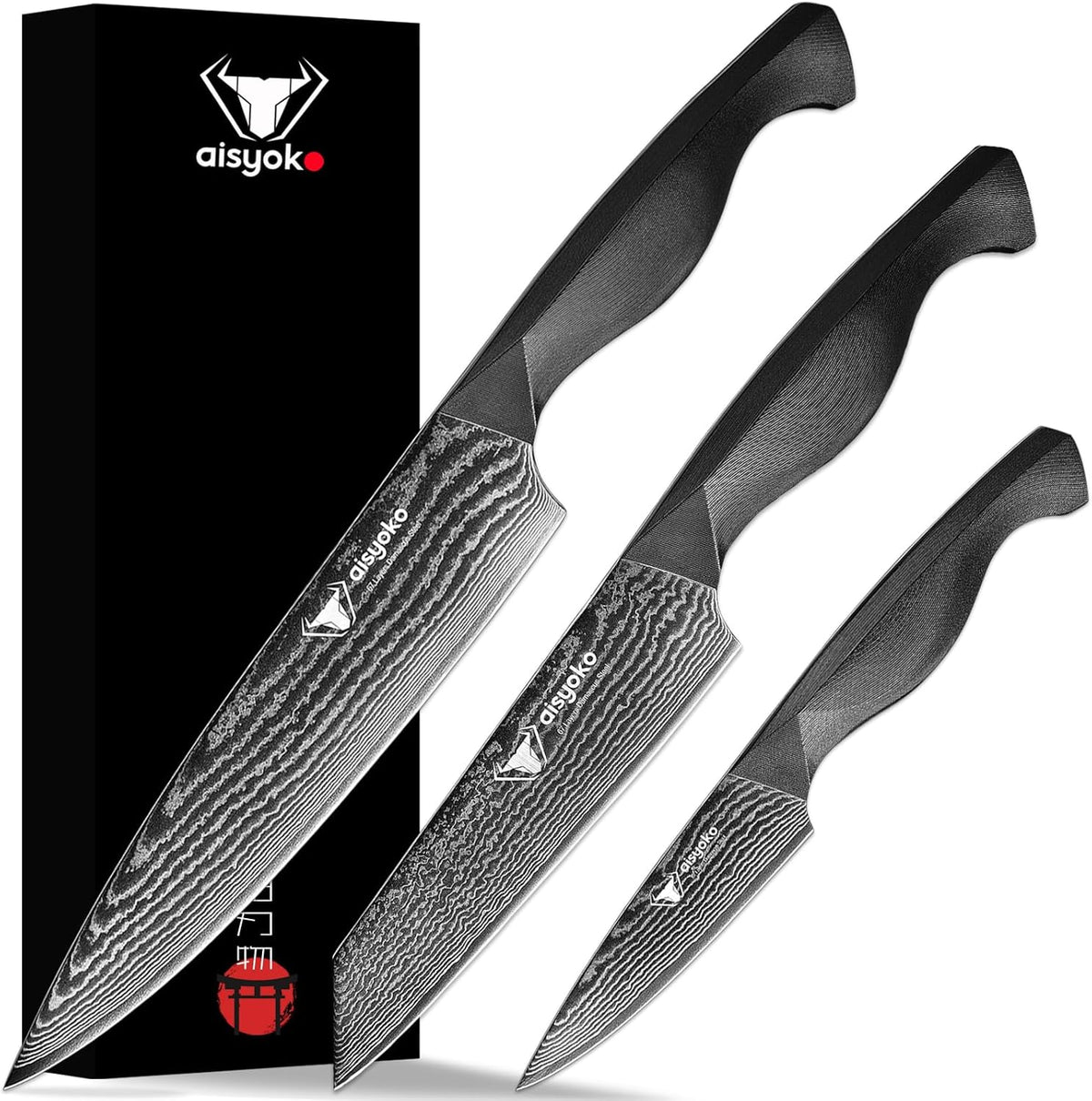 8C Damascus Knife Set - 3PC Chef's Knife, Kitchen and Paring Knives, High Carbon Stainless Steel, Ergonomic Full Tang ABS Anti-Skid Handle