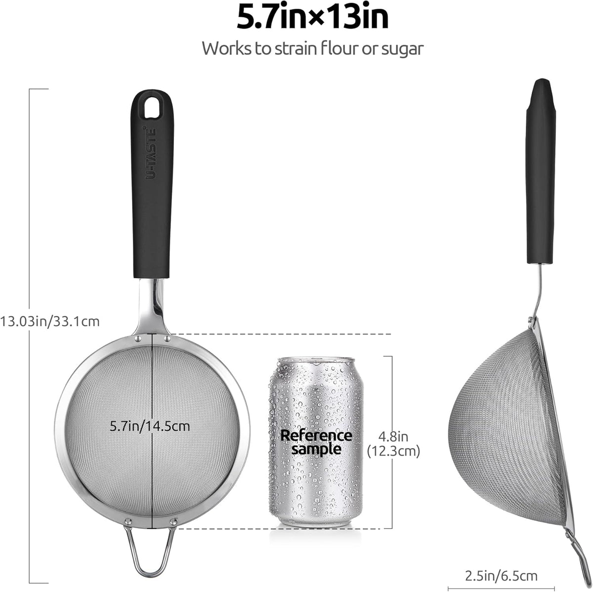 18/8 Stainless Steel Mesh Strainer: U-Taste 5.5 Inch Kitchen Fine Mesh Sieve Food Colander with Riveted Sturdy Silicone Handle and 30 Mesh Hole for Straining Flour, Pasta, Fruit, Quinoa (Black)