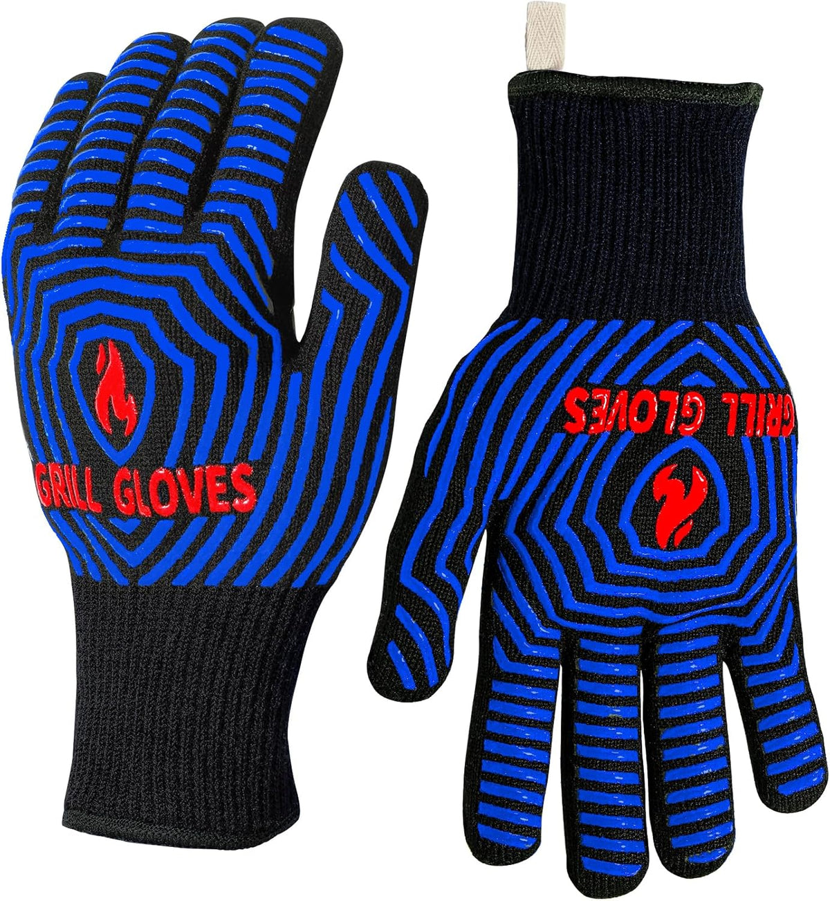 QUWIN BBQ Gloves, Oven Gloves 1472℉ Extreme Heat Resistant, Grilling Gloves Silicone Non-Slip Oven Mitts, Kitchen Gloves for BBQ, Grilling, Cooking, Baking-1 Pair (One Size Fits Most, Black/Blue)