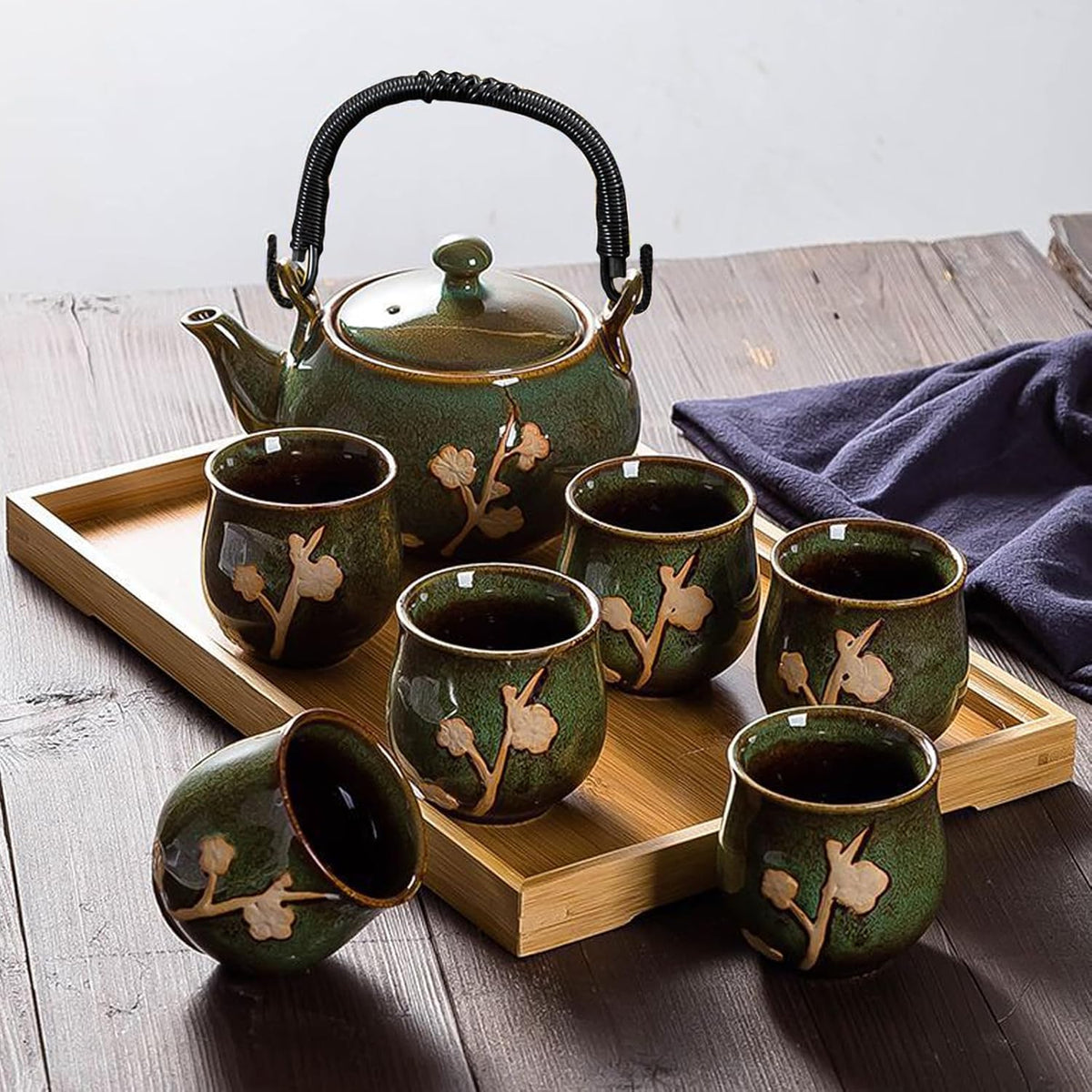 KEYDUACU Japanese Tea Set, Kiln-Formed Ceramic Tea Set, Plum Blossom Embossed, Includes 1 Teapot, 6 Teacups,Tea Tray,Strainer, Used for home, outdoor, gift, Chinese Kung Fu Tea Set(FDMH-GREEN)