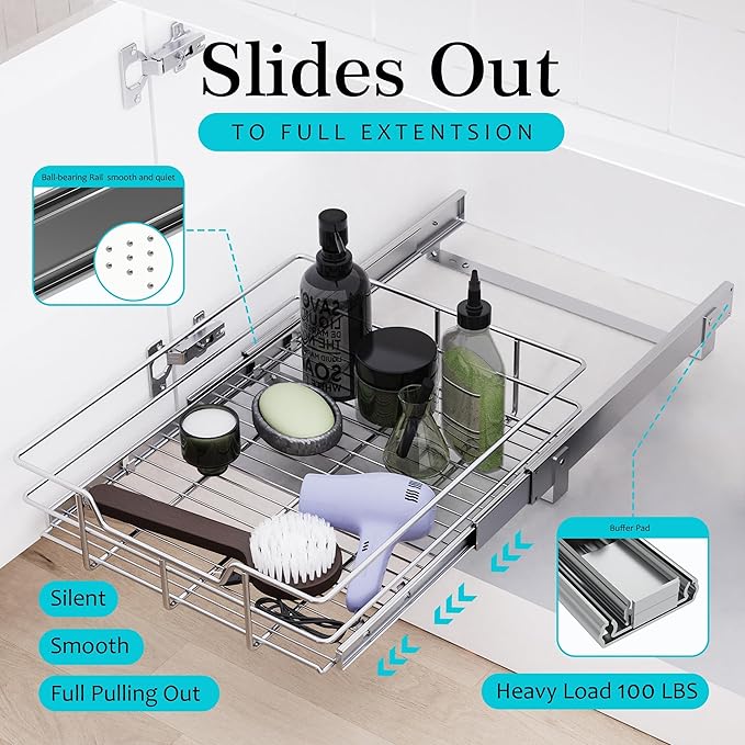 Pull Out Cabinet Organizer 14" W X 17" D, Slide Out Drawers For Kitchen Organizers and Storage, Pull Out Drawers For Cabinets Capacity Heavy Duty Caddy, Cabinet Shelves Chrome-Plated, Bathroom Pantry