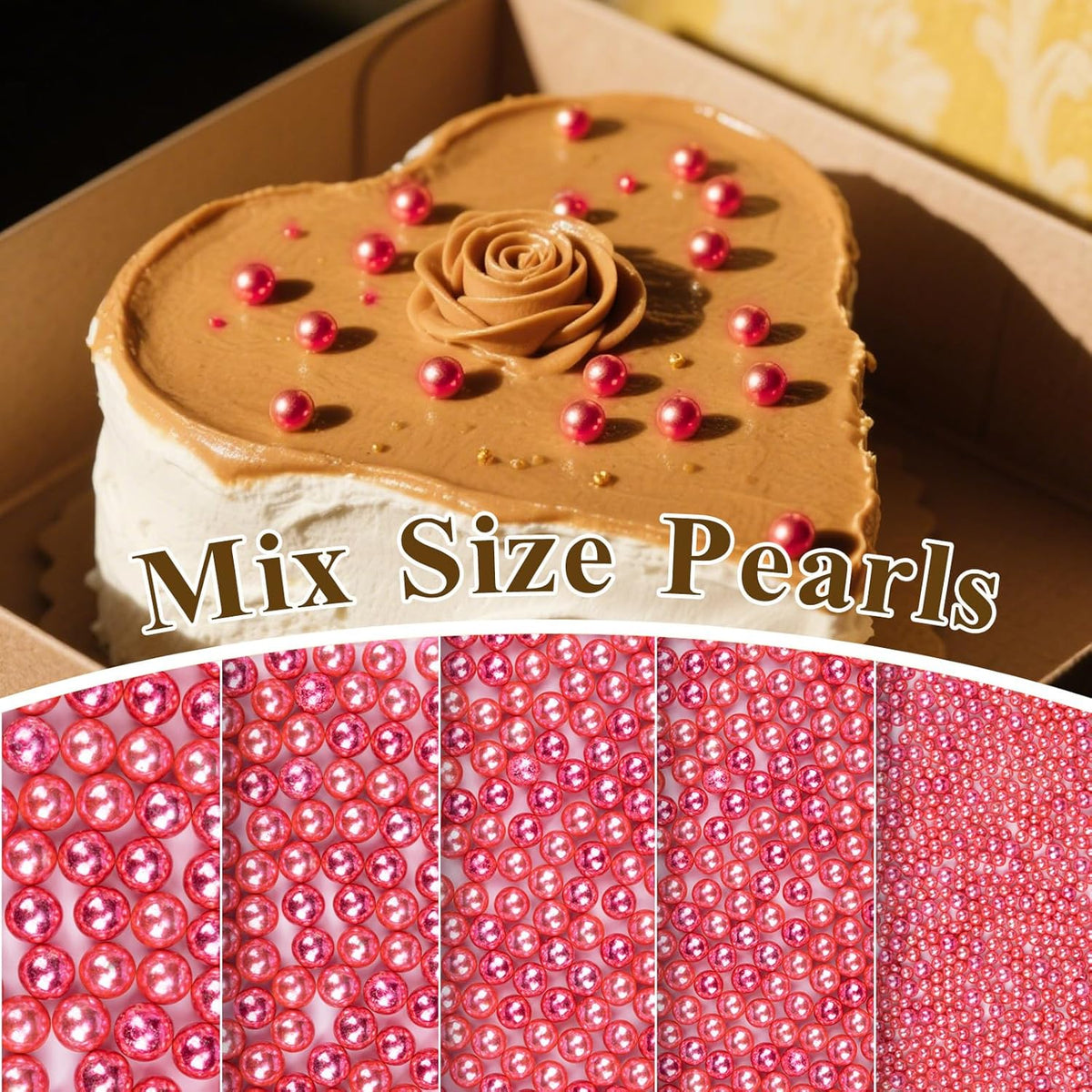 Twisweet Rose Gold Pearl Sprinkles for Cake Decorating, Edible Sugar Pearls for Baking, Mix Size, Cake Topper Cupcake Cookie Ice Cream Dessert Decorations, Valentine Mother's Day Birthday Wedding Party Supplies(130g/4.58oz)