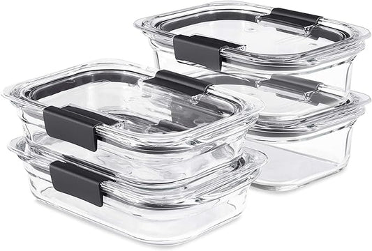 Rubbermaid Brilliance Glass Food Storage set of 4 containers 8 total pieces (4 containers + 4 lids) for Lunch Meal Prep and Leftovers Dishwasher and Oven Safe Clear/Grey
