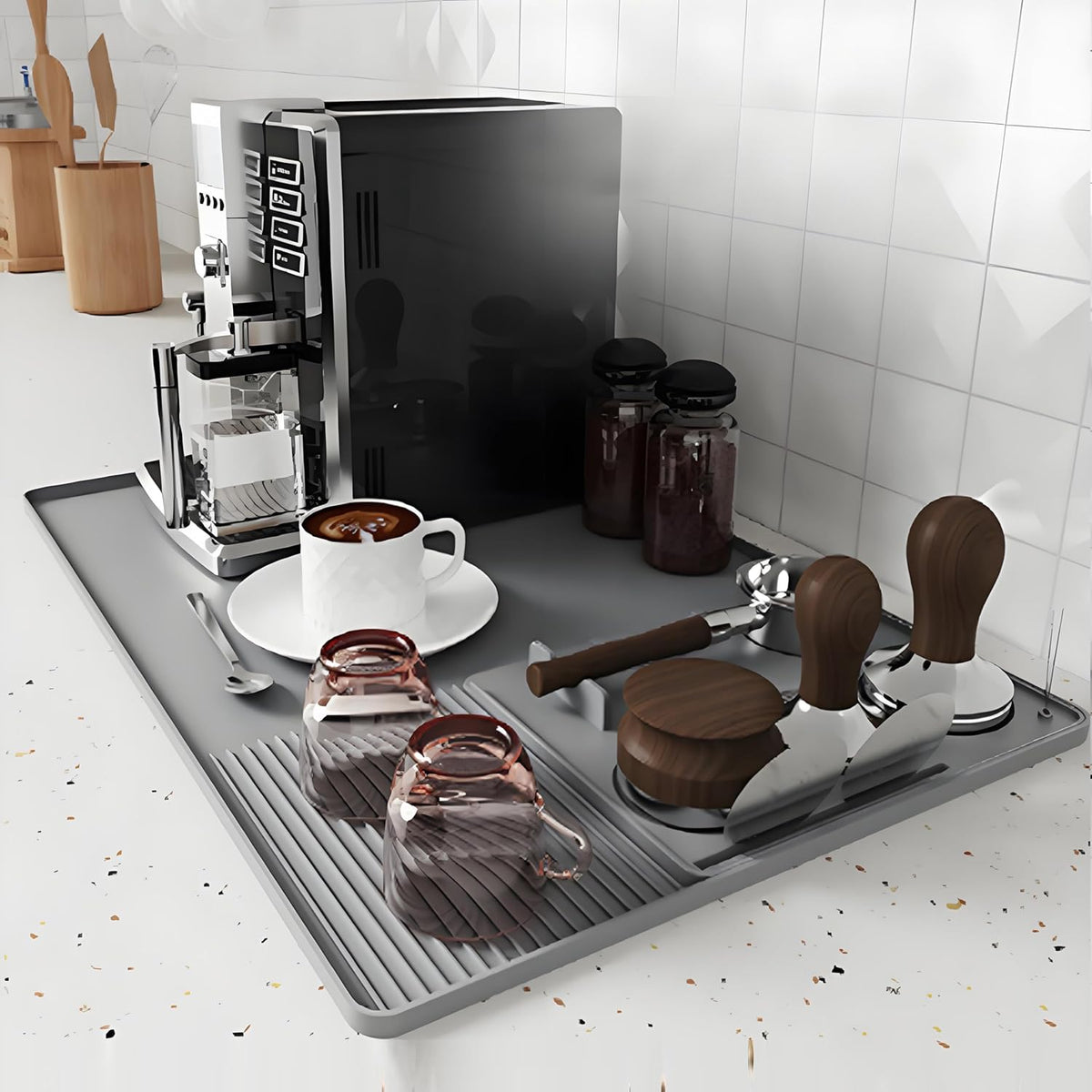 Silicone Coffee Mat With Espresso Tamping Mat for Ninja Luxe Cafe Espresso Machine Accessories, 23.5''x15.7'' Anti-Slip Heat-Resistant Coffee Bar Mat for Countertop -Gray