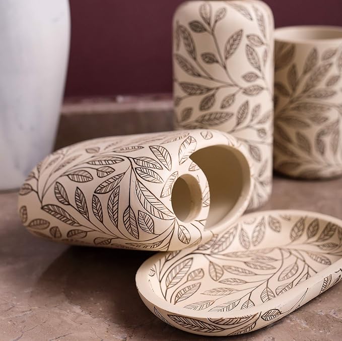 Hymmah Bathroom Accessories Set,Toothbrush Holder,Farmhouse Bathroom Decor,4 Pcs Resin Gift Set Apartment Necessities, Contain Toothbrush Cup,Soap Dispenser,Soap Dish,Tumbler