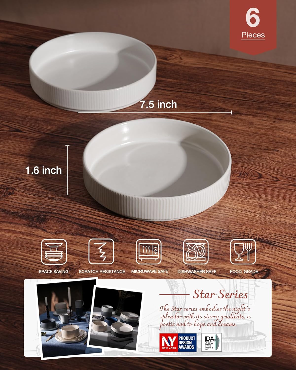 famiware Star 7.5" Pasta Bowls Set, Salad Bowl Set of 6, Double Reactive Glaze, Stackable, Perfect for Your Friend for Housewarming, Thanksgiving, Christmas, Matte White (Full Glaze)