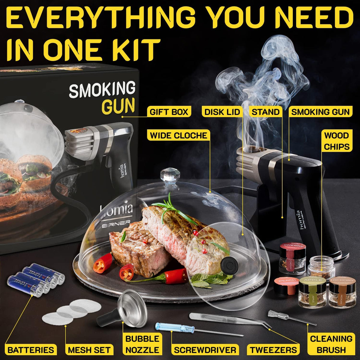 Cocktail Smoker Kit - Whiskey Smoker Kit - Smoke Infuser Birner PRO - Extended Kit, 12 PCS, with Accessories and Wood Chips - Cold Smoke for Food and Drinks - Gift for Men