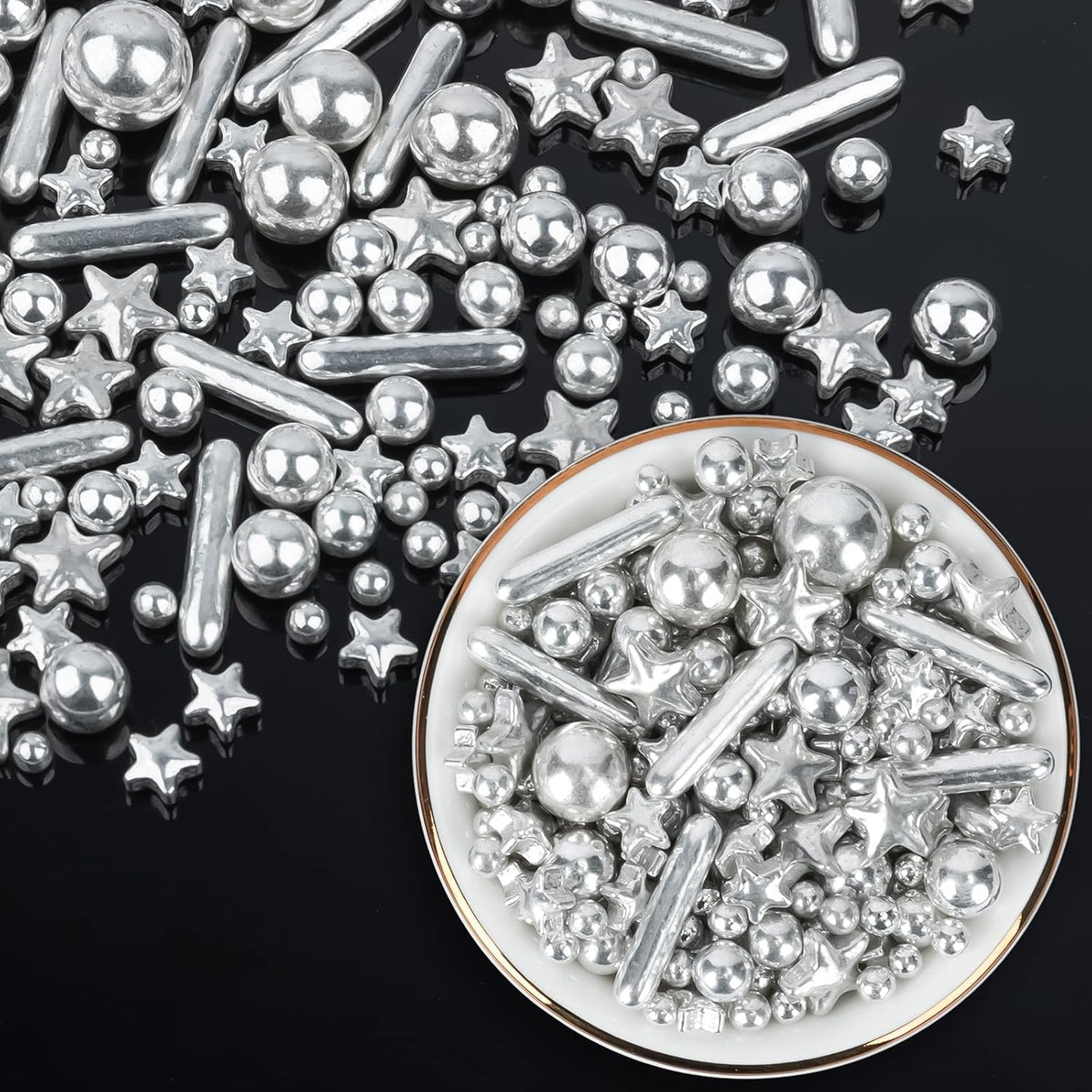 Silver Pearl Sugar Sprinkles,Edible Stars Rods Candy,Mix Size 130g/4.58oz,Baking Cake Decorations,Cupcake Toppers,Cookie Decorating Donuts Ice Cream,Birthday Wedding Party Valentines Christmas Supplies