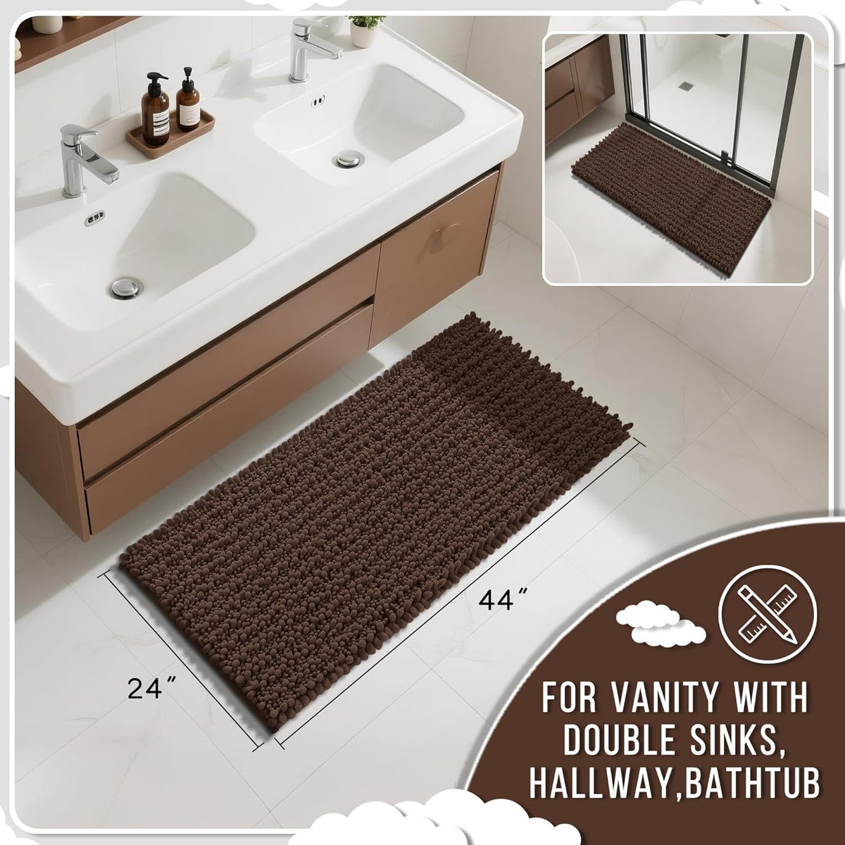 Yimobra Long Bathroom Rugs Non Slip Washable 44x24 Inch - Ultra Soft Absorbent Chenille Bath Mat, Quick Dry Shaggy Floor Carpet for Tub Shower, Brown Home Decor Accessories