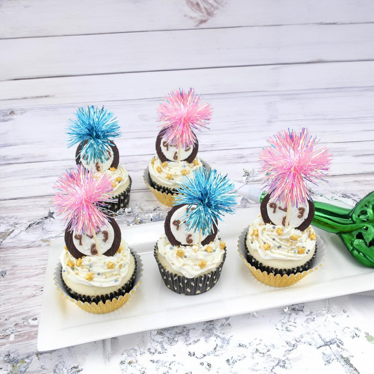 Gyufise 30Pcs Foil Firework Cupcake Toppers Sparkle Tinsel Cake Toppers Tinsel Drink Cake Decoration Cocktail Picks for Birthday Wedding Graduation Party Supplies Light Blue Pink