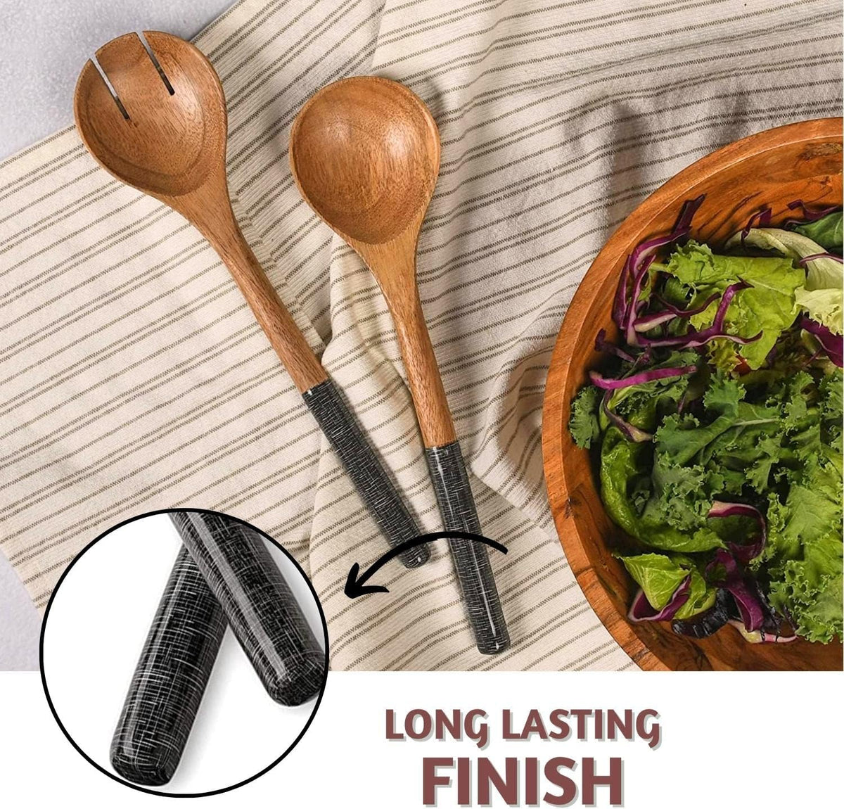 Folkulture Salad Servers or Salad Tongs, Wooden Utensils for Serving Salad, 12-inch Spoon and Fork Set, Mango Wood, Black Servers