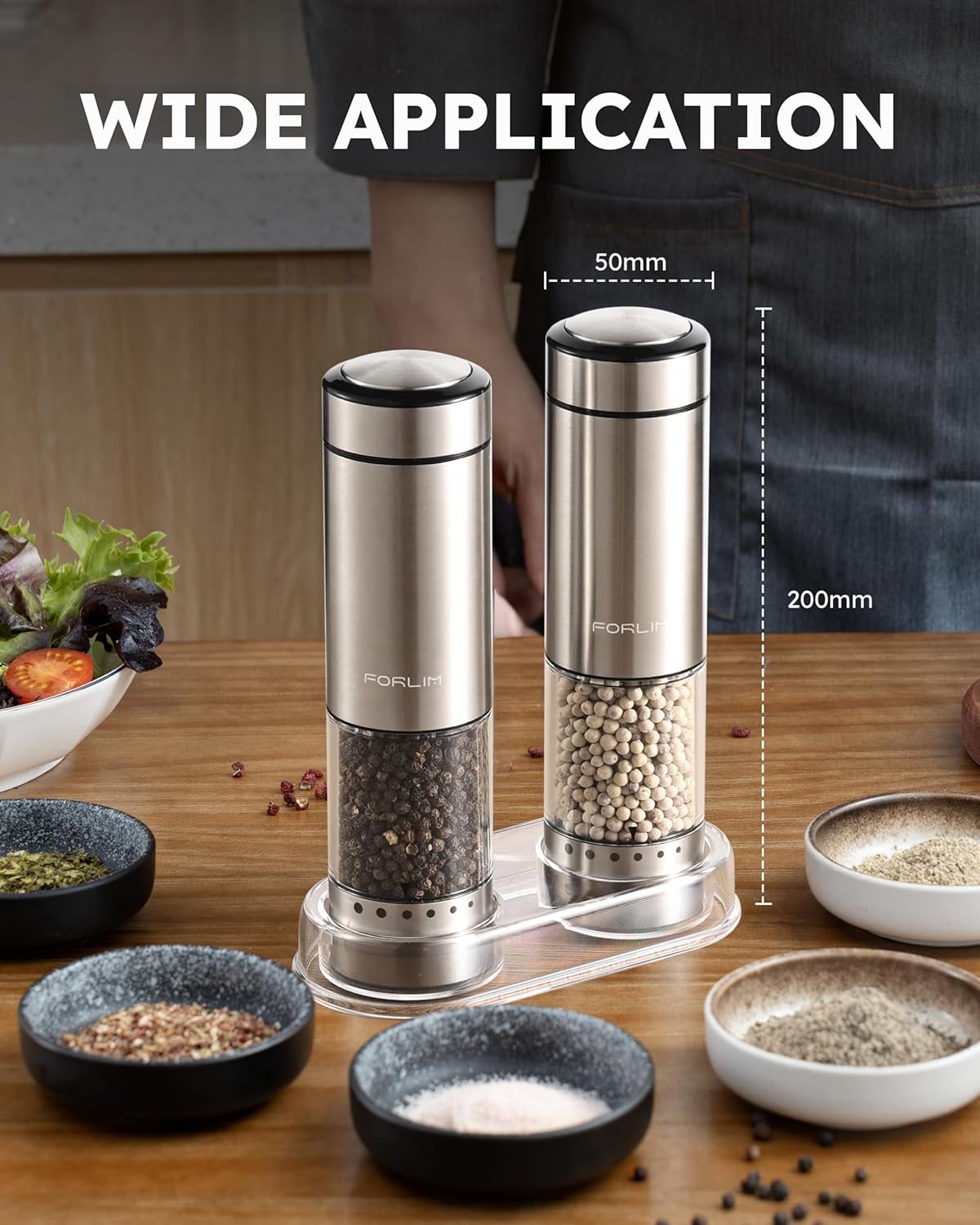 FORLIM Electric Salt and Pepper Grinder Set Rechargeable, Upgraded Washable, Automatic One-Handed Operation with LED, Adjustable Coarseness Pepper and Salt Grinder Refillable, Stainless Steel(Silver）