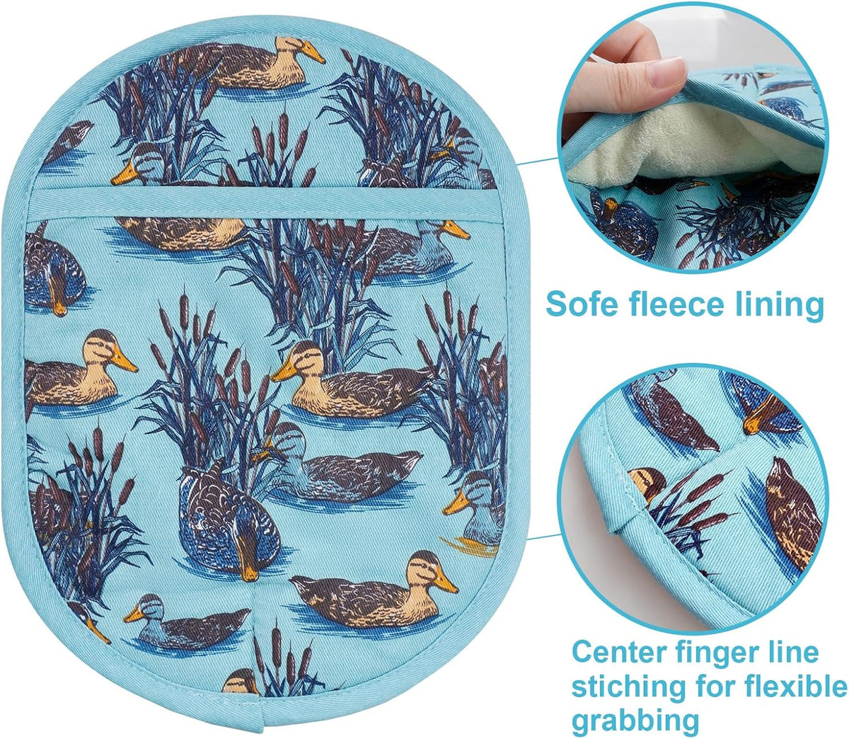Pot Holders Set of 2 with Transparent Clear Silicone Shell and Nice Duck Flower Cotton Lining, Heat Resistant to 500 F Kitchen Oven Gloves Pot Holder for Cooking (Wathet Blue, Potholders)