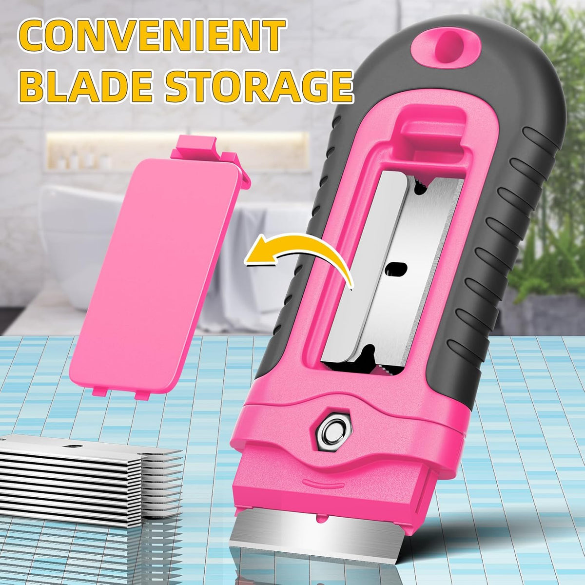 DIYSELF 1 Pack Razor Blade Scraper with 15 Extra Blades, Scraper Tool for Cleaning Window, Paint, Cooktop, Oven, Glass Stove Top Scraper, Razor Scraper with Buit-In Blade Storage (Pink)