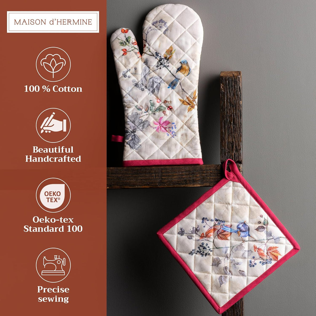 Maison d' Hermine 100% Cotton Oven Mitt & Pot Holder Set (7.5"x13" & 8"x8") Heat Resistant BBQ Cooking Gloves with Loop, Baking, Grilling, Kitchen, Handling Hot Pans (Equinoxe - Beige)